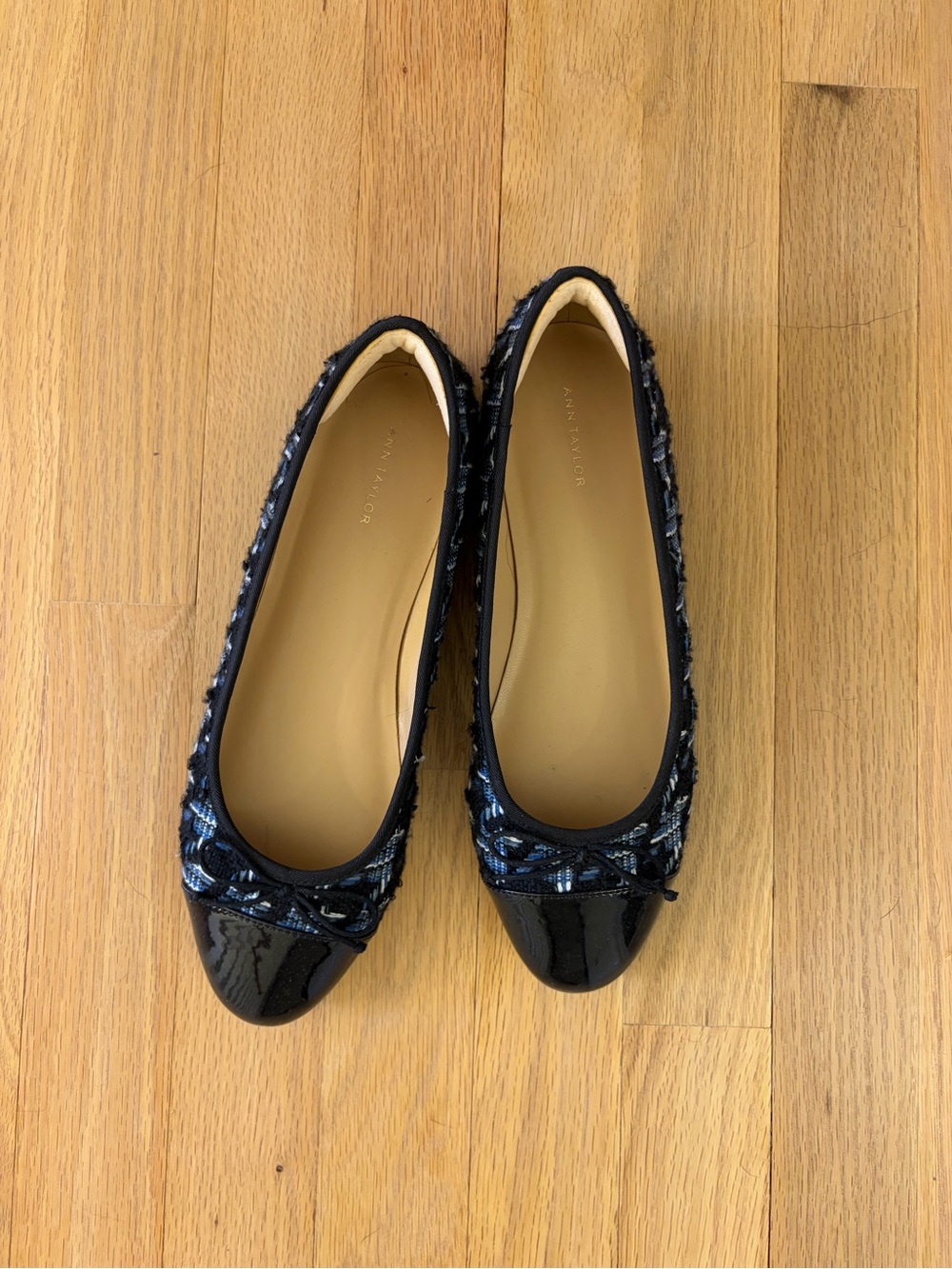 Ann Taylor Black and Navy Tweed Ballet Flats with Patent Cap